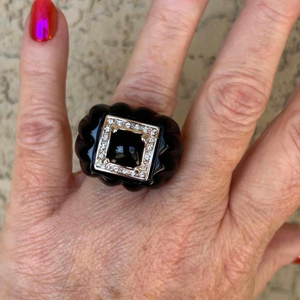 Camille Lucie Chunky Carved Black Lucite Pave CZ’s Statement Ring